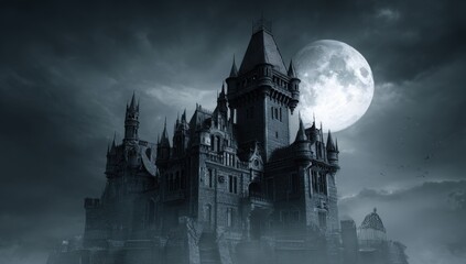 spooky, haunted gothic castle in the moonlight