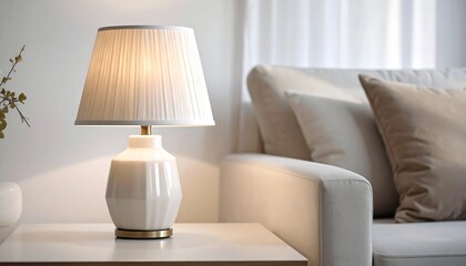 Table lamp on a light-colored table next to a couch