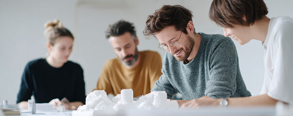 Creative team collaborates on a miniature city model. Architectsdesigners share ideas, plan construction. Innovation, teamwork, future concept.