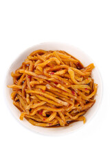 Spicy Pickled Papaya Salad with Chili Peppers in White Bowl - Traditional Asian Appetizer Dish