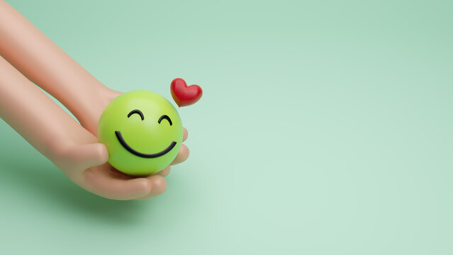 3D Hand holding happy face, choose to be happy, take therapy concept. Mental health assessment, world mental health day, positive thinking, customer service rating, satisfaction scores. 3d rendering