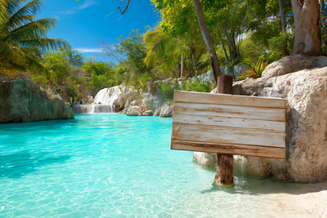 Wooden Sign by Turquoise Water, Tropical Landscape, Beach Destination. Mock up promotion information for marketing announcements and details, blank white space.