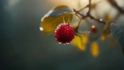 Captivating close-up of a glistening ruby red raspberry adorned with morning dew drops, bathed in soft golden sunlight, evoking freshness and natural beauty.