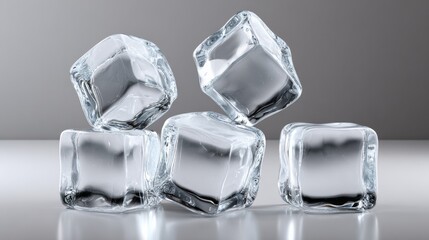 Obraz premium Ice cubes stacked on a reflective surface, showcasing their clear texture and geometric shapes, creating a visually appealing arrangement that highlights the coolness and freshness of ice