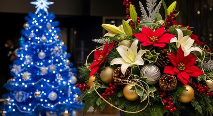 Christmas Decor - Blue Tree and Festive Flower Arrangement.