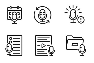 Minimalist podcast icons set including microphone, calendar, checklist, and file elements