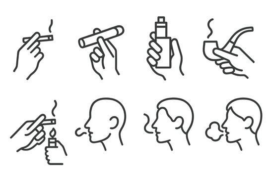 Line art of smoking methods and human silhouettes depicting smoking habits