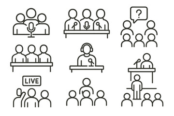 Minimalist line art of conferences and public speaking events with diverse participants