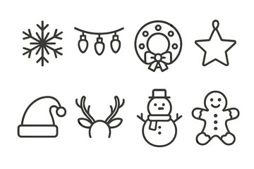 Fototapeta premium Festive holiday icons: snowflake, lights, wreath, star, santa hat, reindeer, snowman, gingerbread