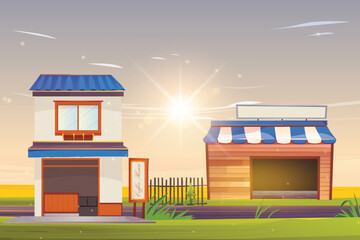 Illustration of a coffee shop with a sign and a drink machine