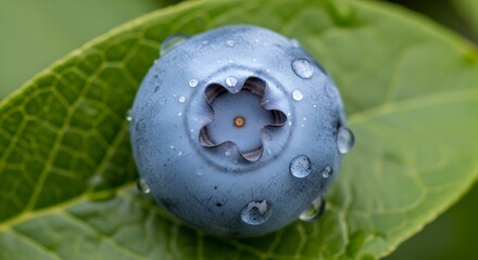 Close up of a single ripe blueberry with water droplets on a green leaf.