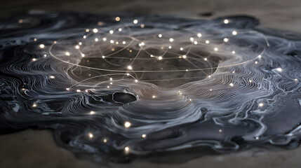 A surreal constellation map drawn with liquid silver and glowing threads
