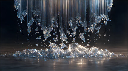 A surreal cascade of liquid light splashing into crystalline fragments