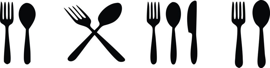 Vector art of a set of cutlery icons featuring forks, spoons, and a knife, arranged in various configurations, including crossed and sidebyside arrangements