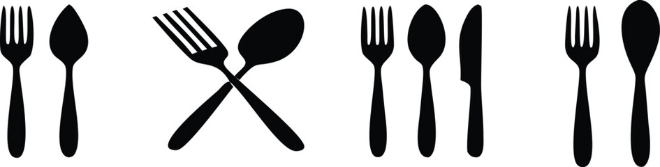 Vector art of a set of cutlery icons featuring forks, spoons, and a knife, arranged in various configurations, including crossed and sidebyside arrangements