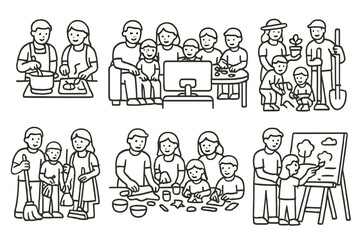 Families engaging in various indoor and outdoor activities