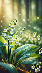 Magical close-up of lily of the valley in a sunlit forest with dew on leaves, dreamy bokeh. Perfect floral background for wedding invitations, greeting cards, packaging, spa, nature-inspired design.
