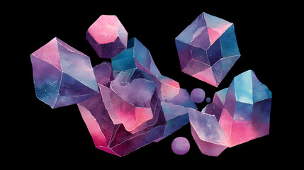 A surreal balance of floating crystal shapes dissolving into watercolor-like gradients
