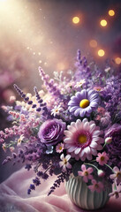 Dreamy bouquet of purple and pink flowers with lavender, daisies and roses in soft pastel tones. Elegant floral arrangement with bokeh. Wedding invitations, greeting cards, packaging and decor.