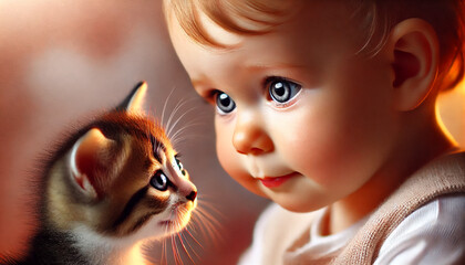 Heartwarming close-up of baby and kitten nose-to-nose in soft warm light with bokeh. Parenting design, nursery art, family ads, pet-friendly brands, lifestyle editorial, posters and web banners.