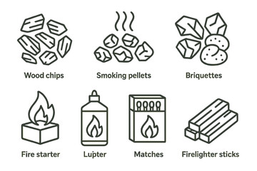 Variety of bbq fuel types: wood chips, smoking pellets, briquettes, fire starters, lighter fluid, matches