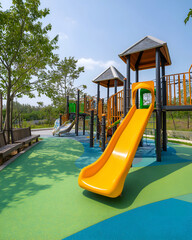 Bright Yellow Playground Slide on Colorful Surface in Park. Mock up promotion information for marketing announcements and details, blank white space.