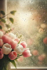 Soft pink and white tulips by a rain-kissed window with dreamy bokeh light. Romantic floral still life. Wedding invitations, greeting cards, packaging, posters, lifestyle, home decor design.