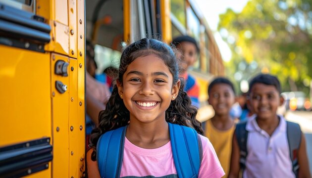 School children boarding a yellow school bus