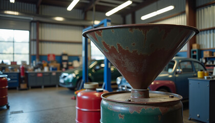 Rusty funnel placed on oil drum in busy automotive workshop  