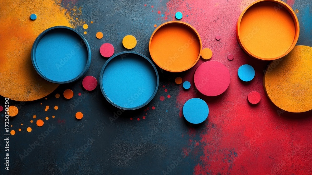 Poster abstract composition of colorful circles and rings on a textured backdrop