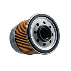 Automotive oil filter with orange pleated element, isolated on transparent background