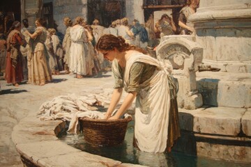 Young woman in historical attire washing clothes in a stone fountain surrounded by people, showcasing daily life and communal activities in a vibrant outdoor setting