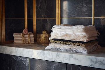 Elegant stack of delicate lace fabrics in neutral tones, arranged on a marble countertop, showcasing intricate textures and luxurious ambiance in a stylish interior setting
