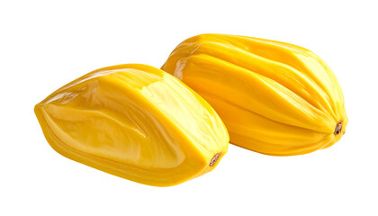 Two vibrant yellow jackfruit halves, one cut open revealing creamy, pale yellow interior, against a black background; glossy, ripe, and plump