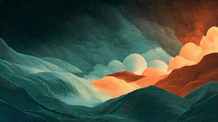 A surreal illustration of layered topographic lines glowing with gradient tones