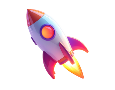 A stylized, cartoonish rocket ship in flight, predominantly purple, white, and orange, with a vibrant flame trail.  It's glossy and has a whimsical design