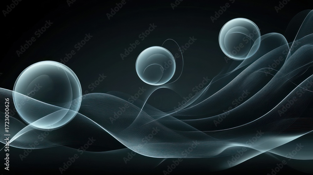 Poster abstract transparent spheres with flowing lines on a dark background