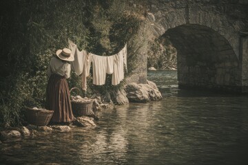 Woman in vintage attire, standing by a river, washing clothes in baskets, with a stone bridge in the background, showcasing traditional laundry methods and serene nature