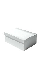 Fototapeta premium A plain, rectangular, white cardboard box, slightly angled, suggesting a shoebox or similar small container. The lid is closed