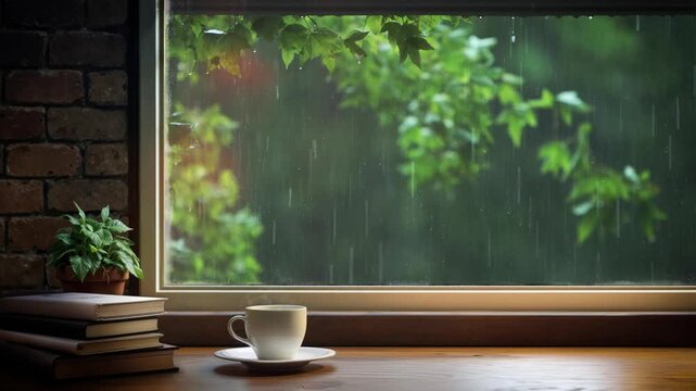 Rainy scenery seen from the cafe window, rain and raindrops flowing on the window, books and coffee on the table, and the relaxing sound of rain ASMR
