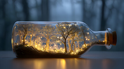 A surreal forest inside a glass bottle, glowing magical atmosphere