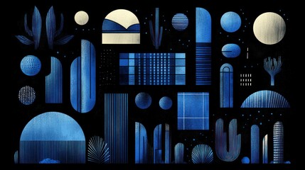 Obraz premium Geometric desert nightscape illustration with abstract shapes and textures