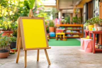 Bright Yellow Easel Display Board Standing Outdoors in Garden Setting. Mock up promotion information for marketing announcements and details, blank white space.
