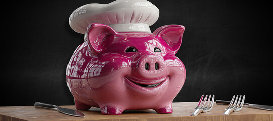 A pink ceramic piggy bank wearing a white chef hat on a wooden table or kitchen counter, against a blank chalkboard with copy space. Perfect for food budgeting or culinary finance ads. Generative Ai.