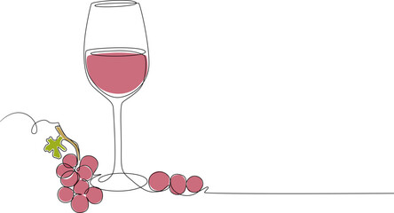 Continuous one line drawing of glass of wine with grapes.Vector illustration eps 10