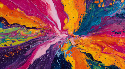 A vibrant abstract acrylic painting of exploding colors swirling like galaxies, fluid movement, bold contrasts