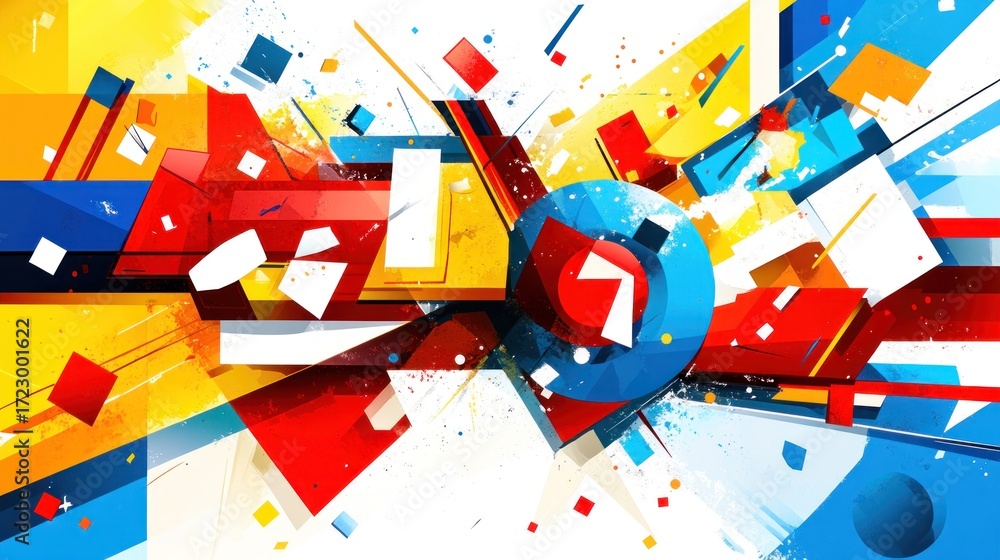 Poster dynamic abstract composition with geometric shapes in vibrant colors