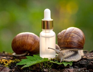 Snail serum product, natural beauty, green background