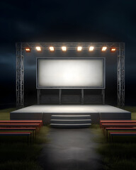 Outdoor Stage Glowing with Lights and Blank Screen in Dark Setting. Mock up promotion information for marketing announcements and details, blank white space.