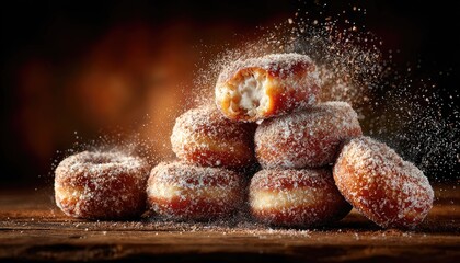 Stacked sugared doughnuts, powdered sugar explosion